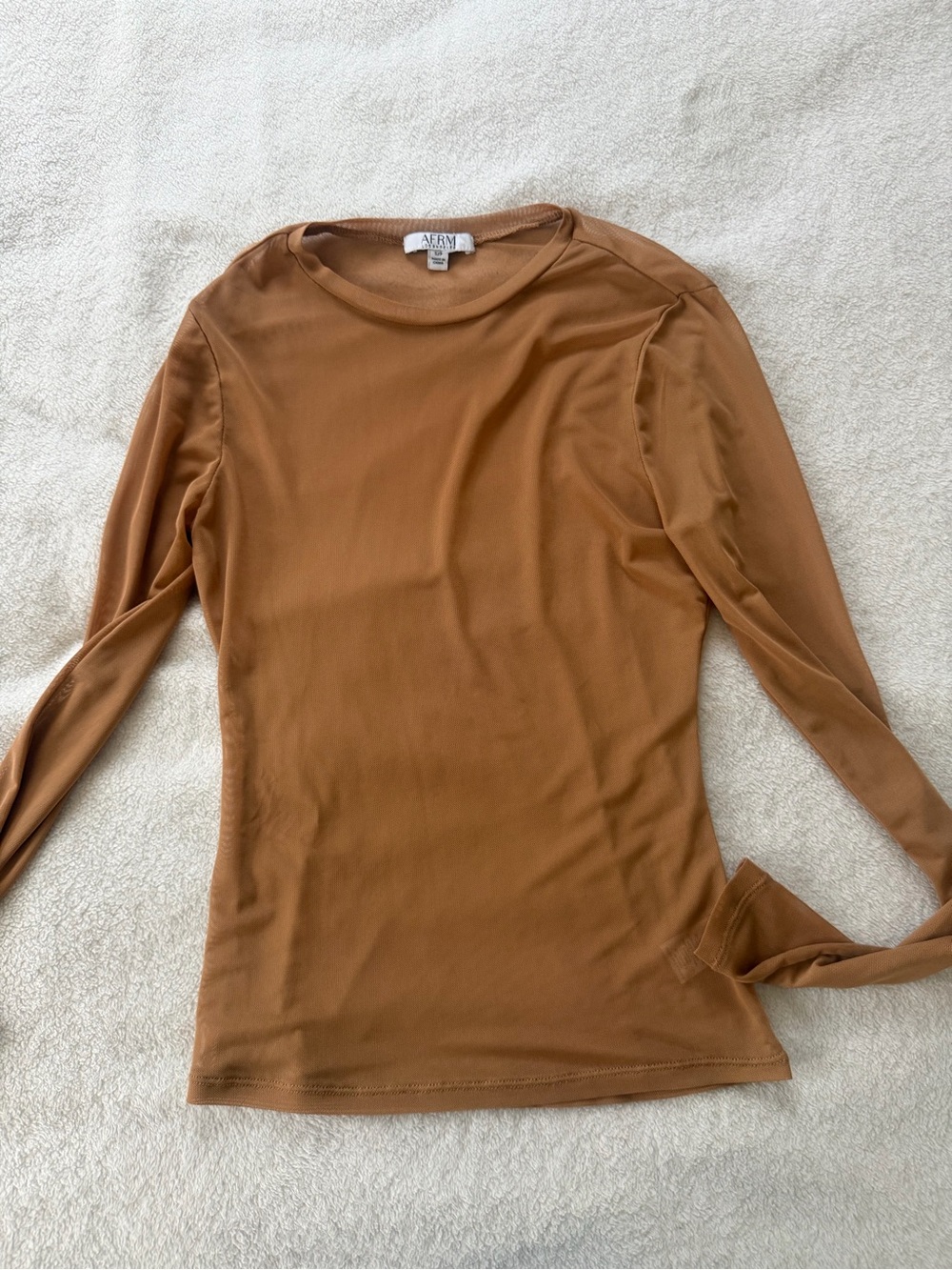 AFRM Sheer Long-Sleeve Crewneck Top in Caramel Brown